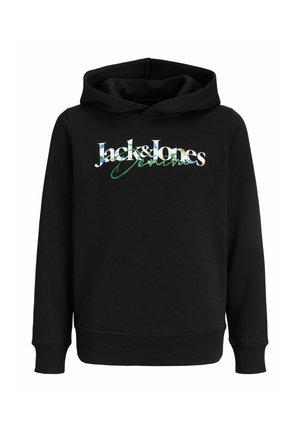 Schwarzer Kapuzenpullover mit langen Ärmeln und gerippten Bündchen, mit buntem „Jack & Jones Denim“-Logo auf der Brust.