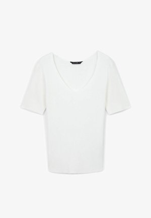 Top bianco a maniche corte con scollo a V, caratterizzato da una finitura texturizzata. Design semplice, privo di embellishments, con taglio dritto e vestibilità rilassata.