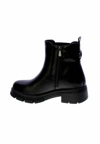 Stivale nero in pelle alla caviglia con zip laterale, soletta spessa, tacco basso e linguetta sul retro.