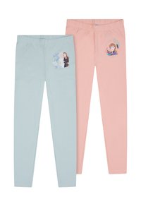Deux paires de leggings : l'une bleu clair avec un graphisme de personnage, l'autre rose clair avec un graphisme de personnage différent. Tissu extensible et doux.