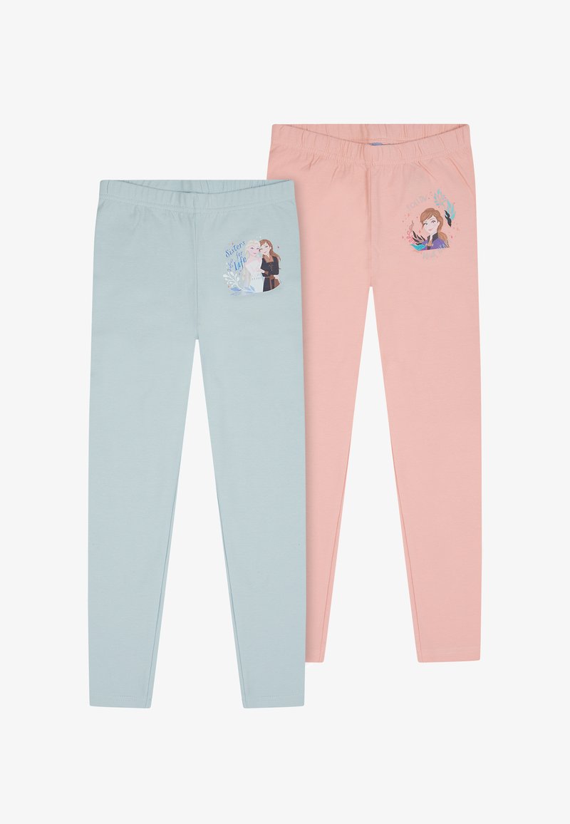 Deux paires de leggings : l'une bleu clair avec un graphisme de personnage, l'autre rose clair avec un graphisme de personnage différent. Tissu extensible et doux.