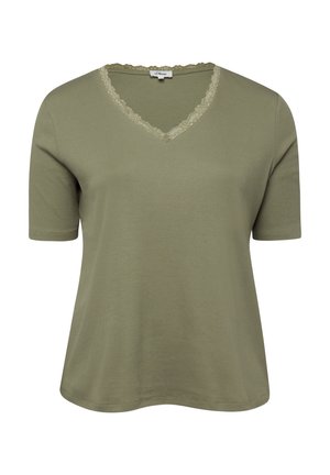 Olijfgroene shirt met korte mouwen, een V-hals met kantafwerking en een rechte zoom, gemaakt van geribbelde stof.