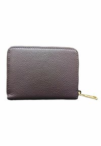 Portefeuille en cuir texturé marron foncé, compact, avec des bords arrondis et une tirette dorée, sur fond blanc.