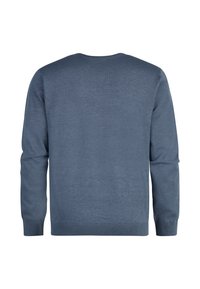 Grijze pullovertrui met een ronde halslijn, lange mouwen en geribbelde zoom. Soepele textuur en effen kleur, geen patronen of versieringen.