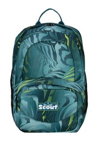 Zaino con un design a foglie blu verde, realizzato in tessuto resistente, con due scomparti con zip e una maniglia superiore per il trasporto.