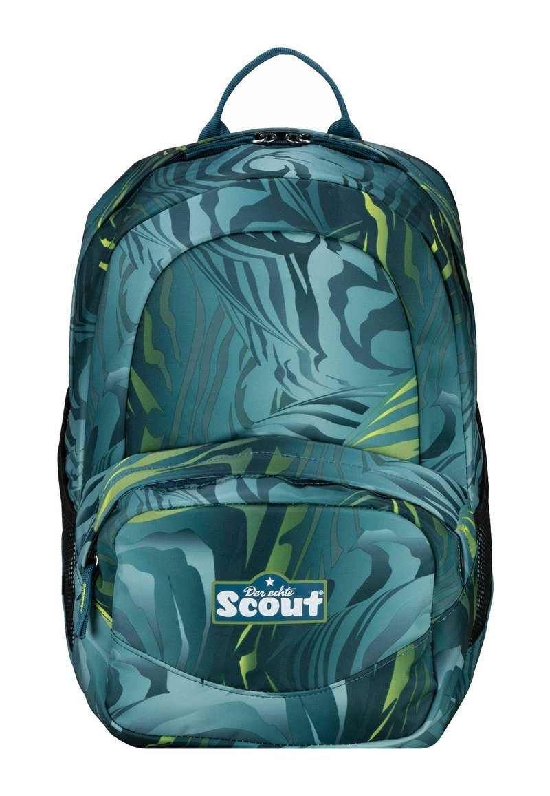 Zaino con un design a foglie blu verde, realizzato in tessuto resistente, con due scomparti con zip e una maniglia superiore per il trasporto.