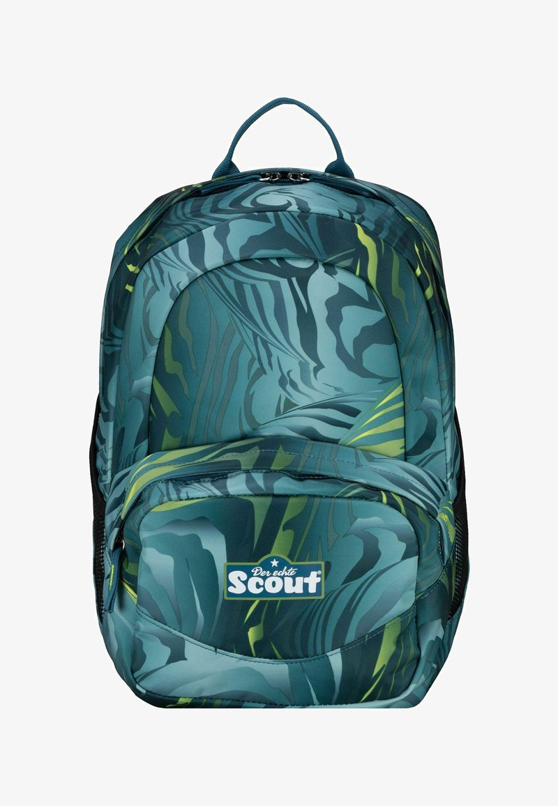 Zaino con un design a foglie blu verde, realizzato in tessuto resistente, con due scomparti con zip e una maniglia superiore per il trasporto.