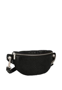 Black textured leather waist bag with silver zipper and adjustable strap with metal clasps on white background.