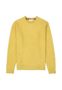 Pull-over jaune à manches longues avec col rond, à bords côtelés, posé à plat sur un fond blanc.