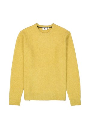 Pull-over jaune à manches longues avec col rond, à bords côtelés, posé à plat sur un fond blanc.