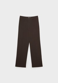 Pantalon droit marron foncé avec un bouton à l'avant et des passants pour ceinture, posé à plat sur un fond clair.