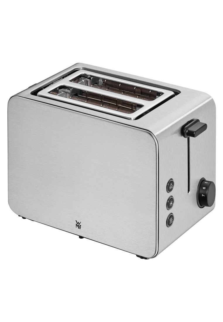 Grille-pain en acier inoxydable à deux tranches avec un design rectangulaire élégant, des boutons de contrôle sur le côté et des témoins lumineux à l'avant.