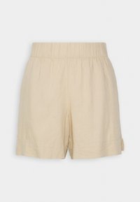 Shorts en lin beige avec une taille élastique, dotés d fentes latérales et d'une texture douce et légère. Design simple sans accents supplémentaires.
