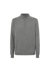 Pull en maille gris avec un col montant et une fermeture éclair partielle. Manches longues et design simple, avec une texture lisse.