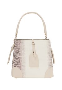 Krokodilleskinds-embossed håndtaske i hvid og lysegrå, med flad bund, runde håndtag og en aftagelig mærkat. Glat tekstur med guldfinish.