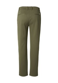 Pantalon vert olive avec une texture lisse, doté d'une coupe droite, de deux poches arrière et de passants pour ceinture à la taille.