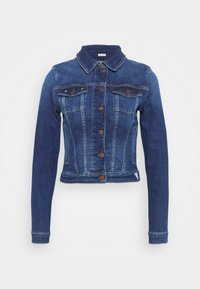 Jeansjacka i mörkblått med en figurnära design, spetsig krage, framknappar, bröstfickor och detaljerad sömnad.