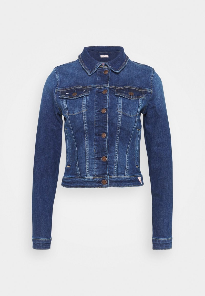 Jeansjacka i mörkblått med en figurnära design, spetsig krage, framknappar, bröstfickor och detaljerad sömnad.