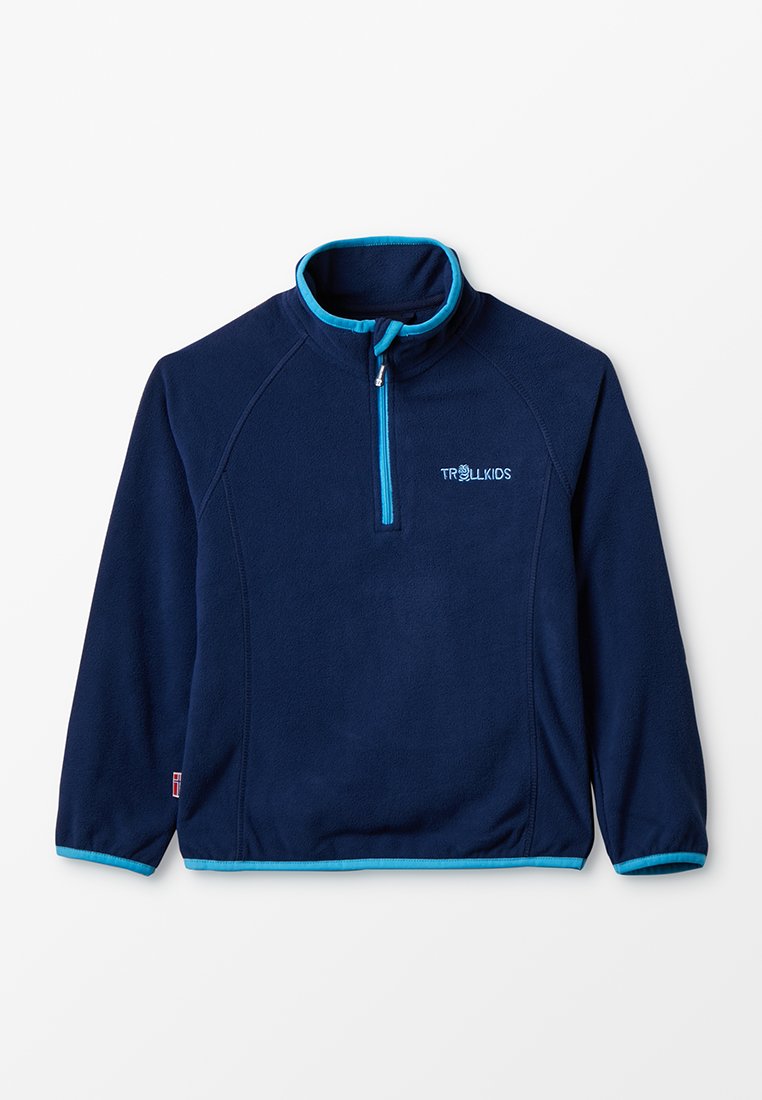 Navyblaues Fleece-Pullover mit halbem Reißverschluss-Kragen und türkisen Akzenten. Bietet Raglanärmel und ein Logo auf der Brust. Glatte Textur.