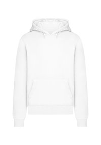 White hoodie made of soft fabric, featuring a front pouch pocket, adjustable drawstring hood, and ribbed cuffs and hem.