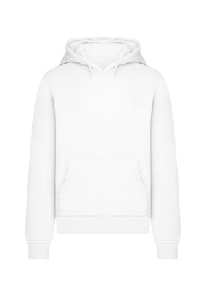 White hoodie made of soft fabric, featuring a front pouch pocket, adjustable drawstring hood, and ribbed cuffs and hem.