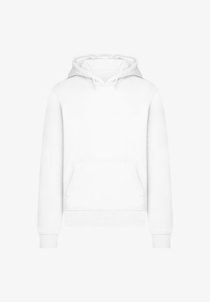 White hoodie made of soft fabric, featuring a front pouch pocket, adjustable drawstring hood, and ribbed cuffs and hem.