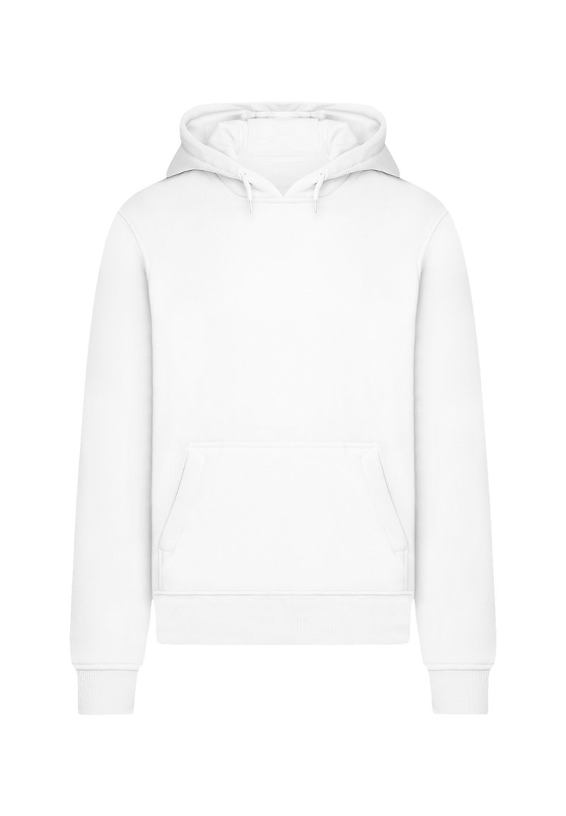 White hoodie made of soft fabric, featuring a front pouch pocket, adjustable drawstring hood, and ribbed cuffs and hem.