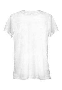 Camiseta de algodón blanca, de mangas cortas, con cuello redondo, textura suave, diseño sencillo, sin gráficos ni patrones, vista trasera mostrada.