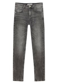 Jeans en denim gris à coupe slim, avec un design à cinq poches et un effet légèrement délavé. Les éléments métalliques comprennent un bouton à l'avant et une braguette zippée.