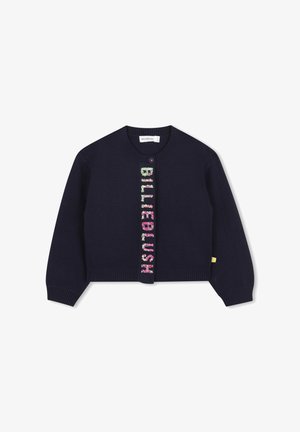 Námornícky modrá detská cardigan s dlhými rukávmi, rebrovanými manžetami a lemom, s jedným horným gombíkom a nápisom "BILLIEBLUSH" z viacfarebných flitrov vertikálne po prednej strane.