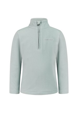 Lichtblauwe fleece trui met lange mouwen, kwartritssluiting, hoge kraag en klein geborduurd "PROTEST" logo op de borst.