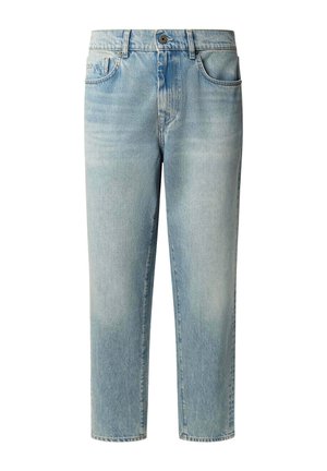 Jeans in denim azzurro chiaro con una vestibilità rilassata, lunghezza crop e classico design a cinque tasche. Presentano una leggera scoloritura e una chiusura con bottone in metallo.