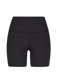 Pantalones cortos deportivos negros, hechos de tejido elástico, con una cinturilla alta, textura suave y un diseño de longitud media en los muslos. Sin logotipos visibles.