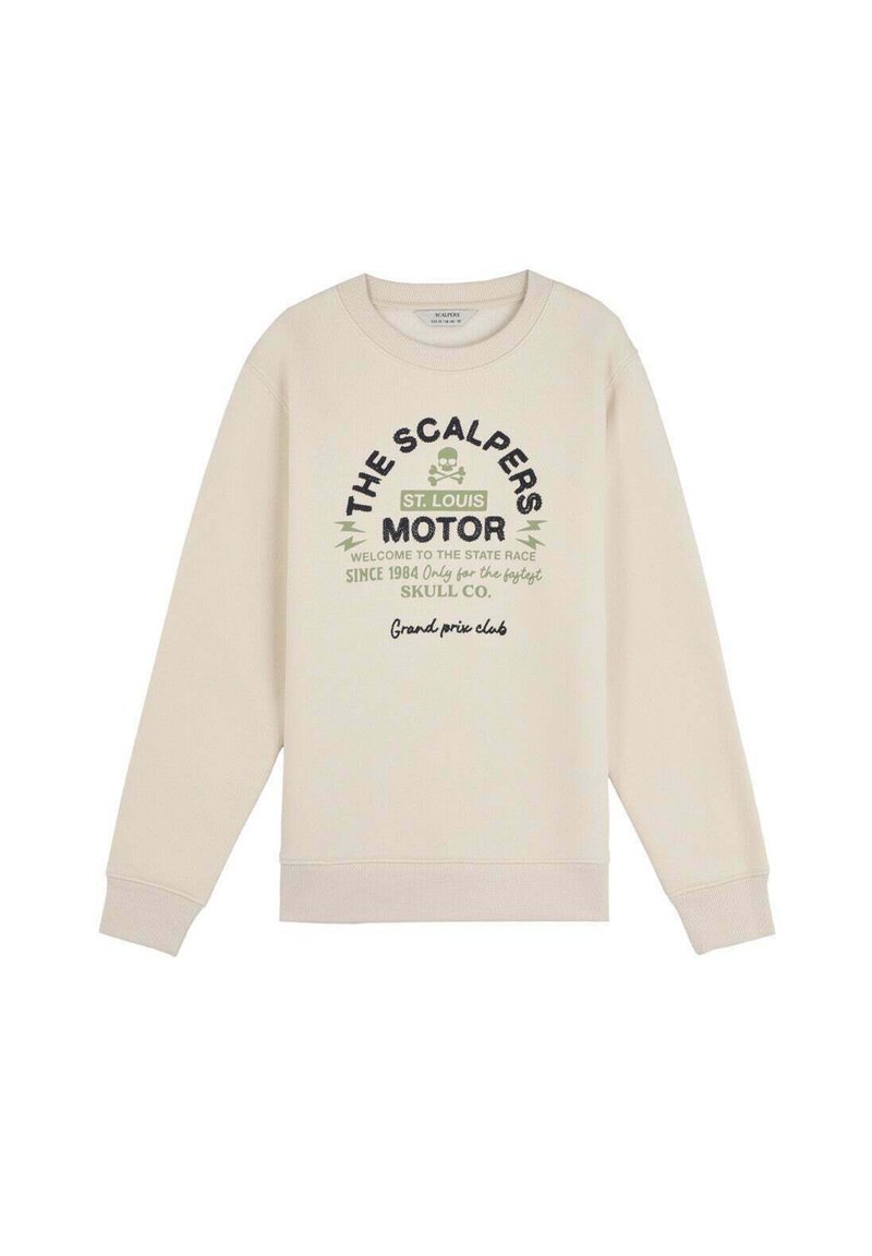 Beige sweatshirt med lange ærmer, rund hals og ribbede manchetter. Har grafisk tekst, kranium og lynmotiver i mørkegrøn og sort.