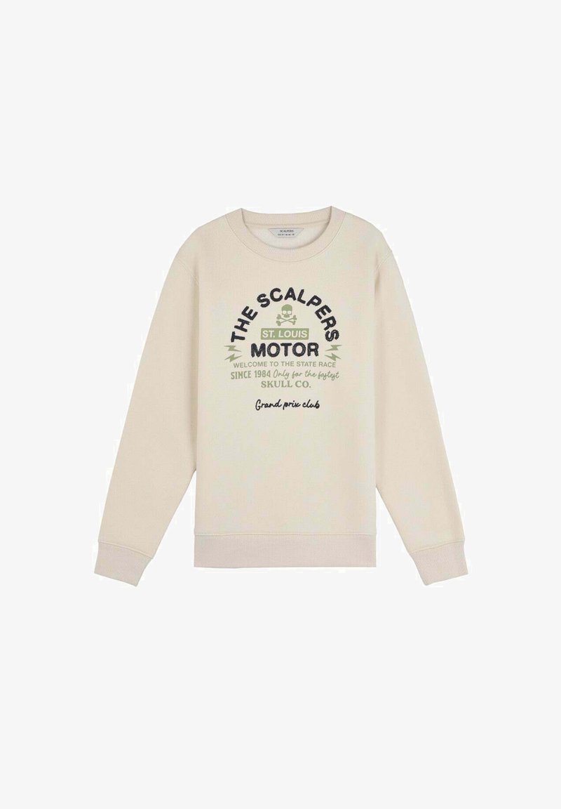 Beige Sweatshirt mit langen Ärmeln, Rundhalsausschnitt und gerippten Bündchen. Mit grafischem Text, einem Schädel und Blitzmotiven in dunkelgrün und schwarz.