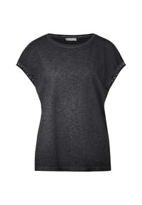Chemise noire à manche courte en tissu doux, dotée d'une coupe décontractée et de clous décoratifs aux épaules pour apporter une touche de détail.