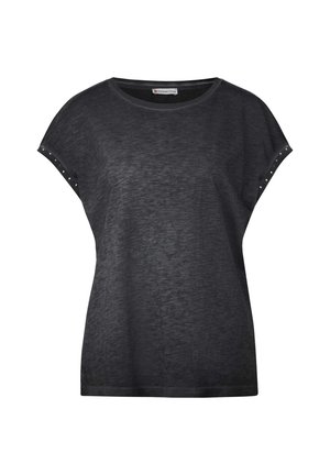 Zwarte T-shirt met korte mouwen, gemaakt van een zachte stof, met een ontspannen pasvorm en decoratieve studs op de schouders voor extra detail.