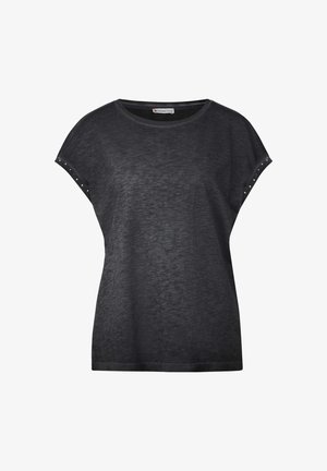 Zwarte T-shirt met korte mouwen, gemaakt van een zachte stof, met een ontspannen pasvorm en decoratieve studs op de schouders voor extra detail.