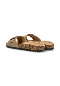 Sandalias con suela de corcho en ante verde oliva, con diseño de punta abierta y tiras cruzadas, que presentan un accesorio de hebilla de metal oscuro.