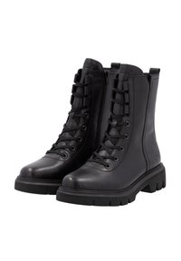 Botas de cuero negras hasta el tobillo con suela plana y texturizada, que cuentan con cordones frontales, cierre de cremallera y diseño de punta redondeada.