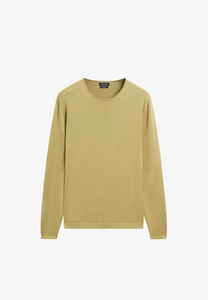 Sweter z długim rękawem i okrągłym dekoltem w jasnym oliwkowym odcieniu, o gładkiej fakturze, bez widocznych wzorów ani logo.