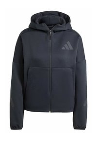 Mörkblå zip-up hoodie i mjukt material, med en stor framficka, en huva och subtila logotypdetaljer på bröstet och ärmarna.