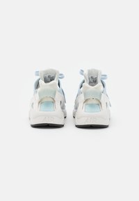 Ett par ljusblå och vita Nike Air-sneakers visade från baksidan på en ren vit bakgrund.