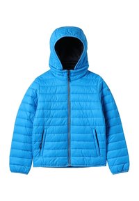 Modrá zateplená bunda s kapucí, s prošívaným vzorem, předním zipem a dvěma bočními kapsami. Vnitřek je černý.