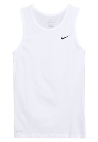Camiseta sin mangas blanca hecha de un tejido transpirable, con un logo negro de Nike en la parte superior izquierda y el texto "DRI-FIT" cerca del dobladillo.