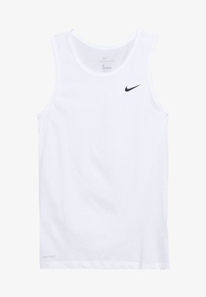 Camiseta sin mangas blanca hecha de un tejido transpirable, con un logo negro de Nike en la parte superior izquierda y el texto "DRI-FIT" cerca del dobladillo.