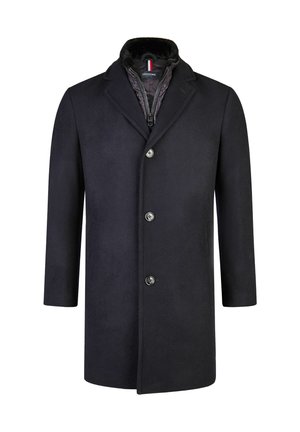 Navy wool blend coat featuring a button-up front, notched collar, and a quilted interior with a textured finish.