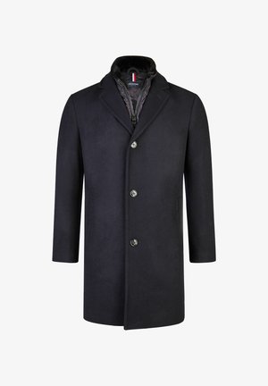 Navy wool blend coat featuring a button-up front, notched collar, and a quilted interior with a textured finish.