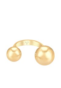 Guldpläterad ring med en öppen design som har två sfäriska detaljer. Bandet är slätt och märkt "925" för silverinnehåll.