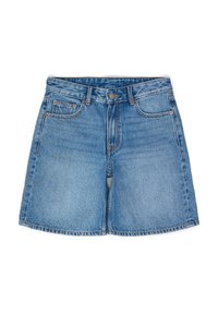 Denim-katkaiset shortsit, vaaleansininen, korkealla vyötäröllä ja suoranlahkeisella muotoilulla. Ominaisuuksiin kuuluu kaksi etutaskua ja metallinen nappikiinnitys.